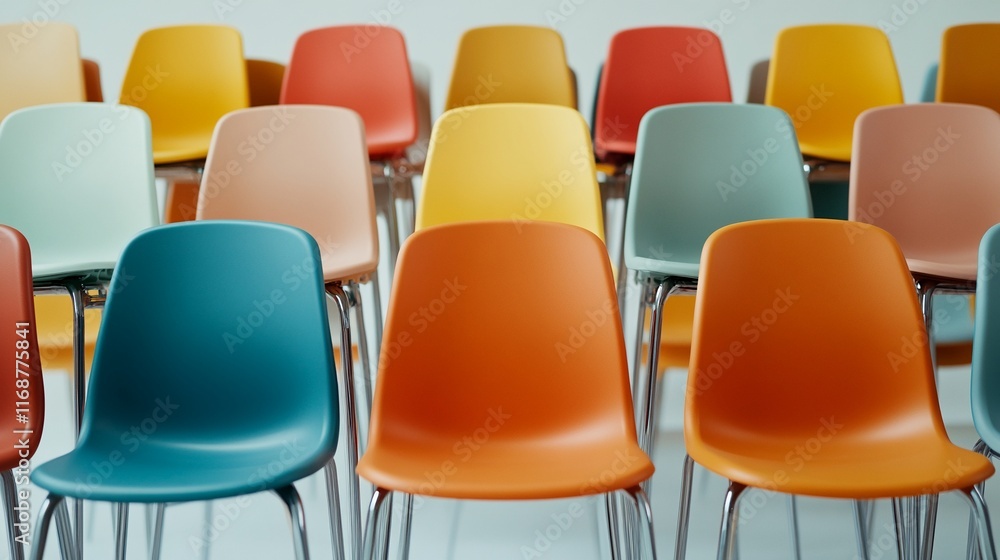 Fototapeta premium Stackable plastic chairs, arranged on white background for practical storage solutions