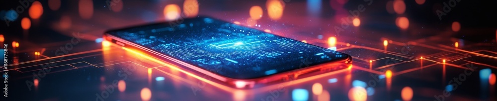 Obraz premium Neon Cybersecurity Concept Encrypted Message on Smartphone Amid Abstract Lights