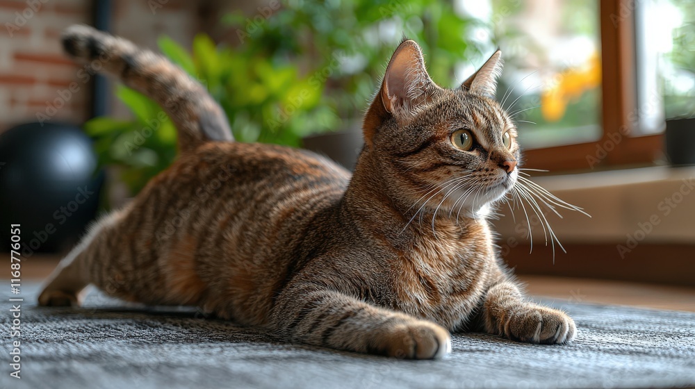 A sporty tabby cat stretching into a side angle pose in a modern fitness studio setting.