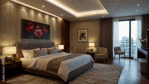 A warm, inviting bedroom with soft lighting is displayed, A modern bed, armchairs, and art are visible.