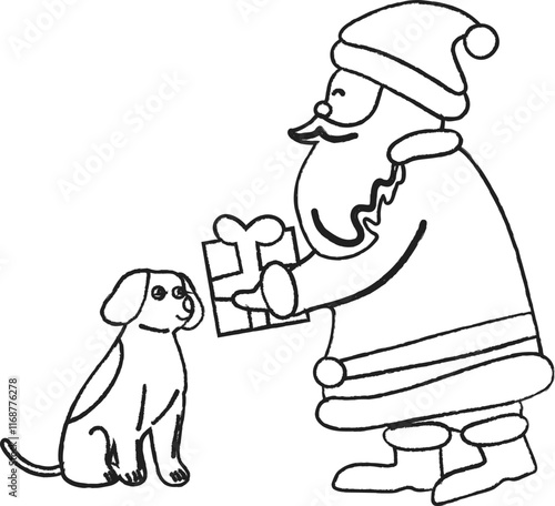 Santa giving a gift to a dog.