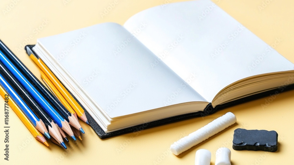 An open notebook with colored pencils and chalk for creative tasks. An open notebook with colored pencils and chalk for creative tasks.