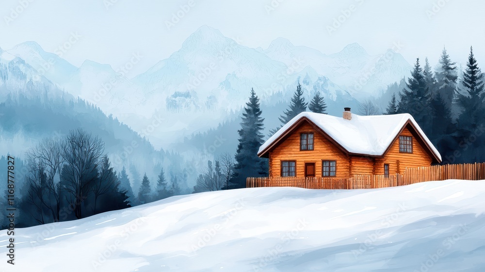 A cozy wooden cabin surrounded by snow-covered mountains and evergreen trees, creating a serene winter landscape. A cozy wooden cabin surrounded by snow-covered mountains and evergreen trees, creating a serene winter landscape.