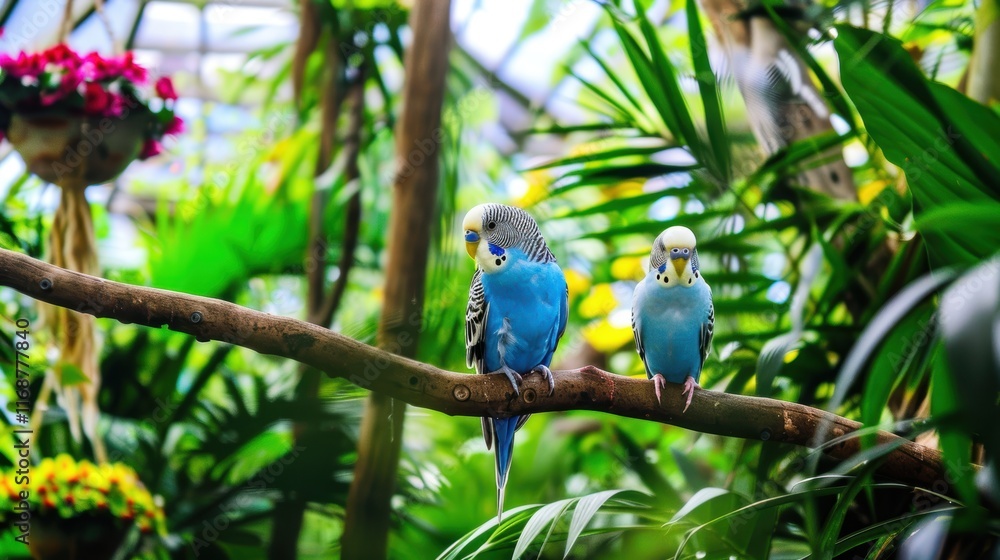 Fototapeta premium Two Colorful Budgerigars Perched on a Branch in Lush Greenery