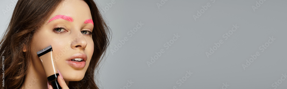 Attractive young woman demonstrates unique style with dyed pink eyebrows and confident expression, banner Attractive young woman demonstrates unique style with dyed pink eyebrows and confident expression, banner