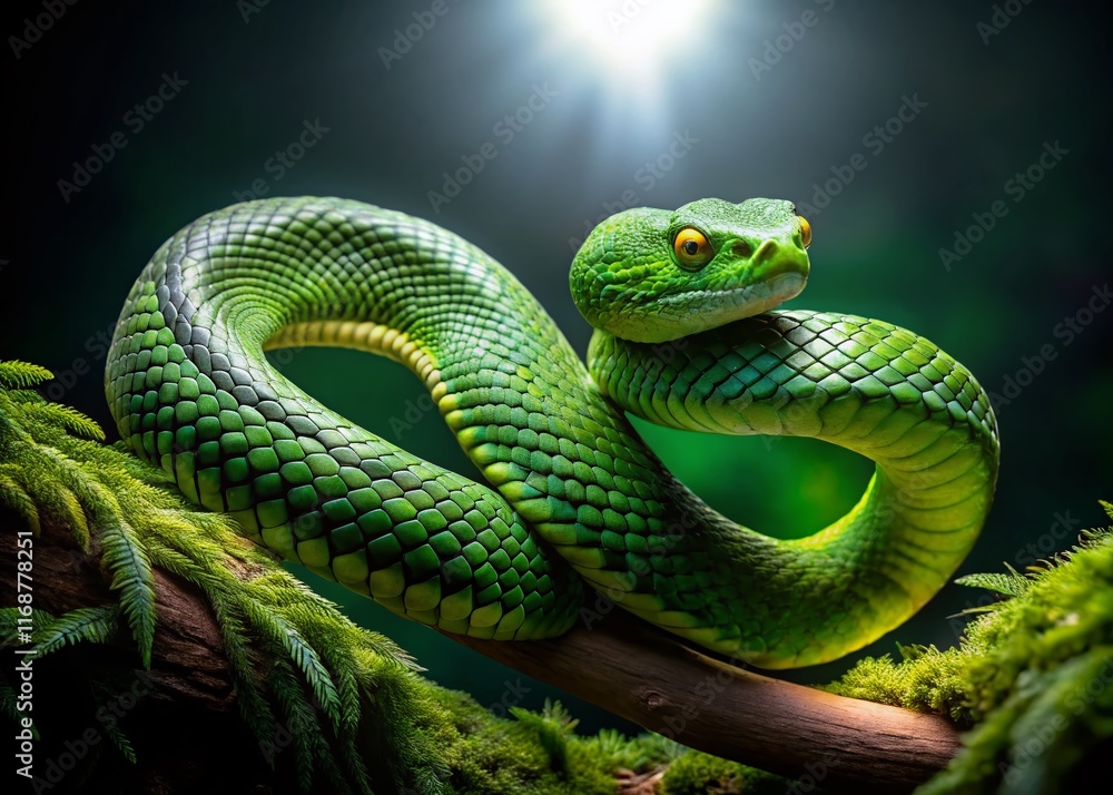 Green Viper Snake Night Photography - Striking Emerald Scales in Moonlight Green Viper Snake Night Photography - Striking Emerald Scales in Moonlight