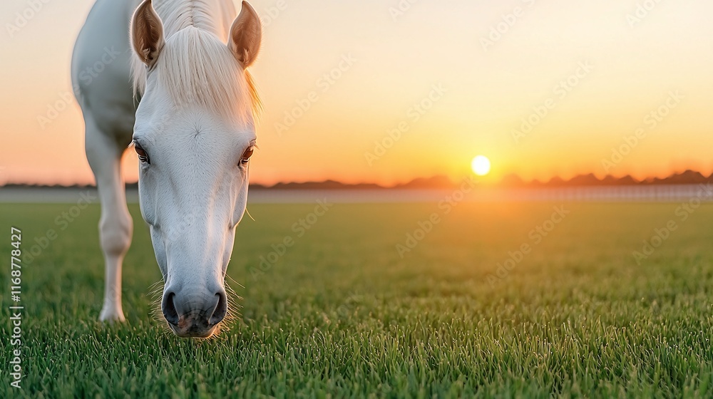 White horse grazing in a green field at sunset. White horse grazing in a green field at sunset.