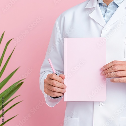 Professional Doctor Holding Pink Notebook Against Pastel Background photo