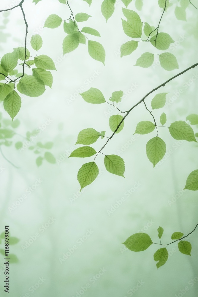 Obraz premium Serene Misty Forest with Green Leaves on Branches