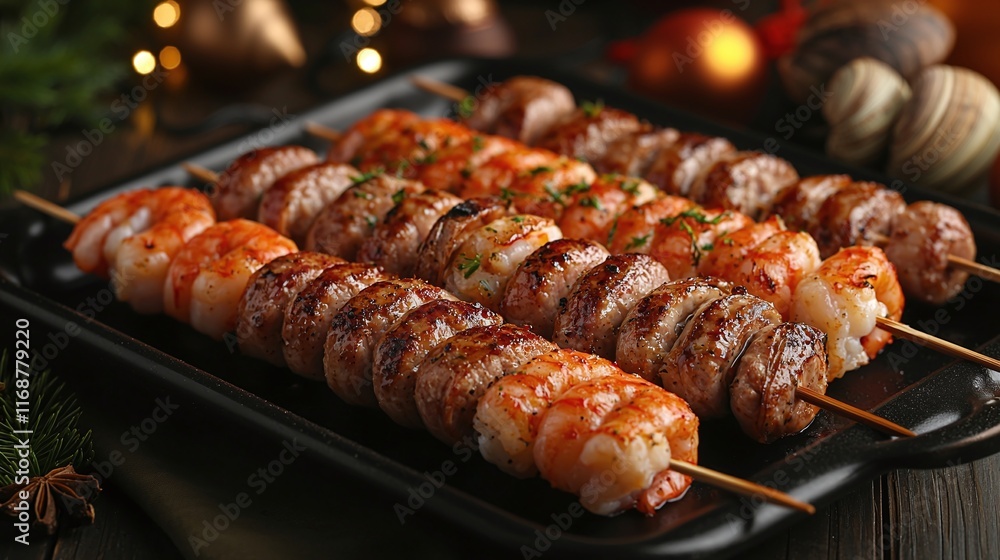 Grilled shrimp and sausage skewers on a black tray, garnished with herbs, against a festive background. Grilled shrimp and sausage skewers on a black tray, garnished with herbs, against a festive background.
