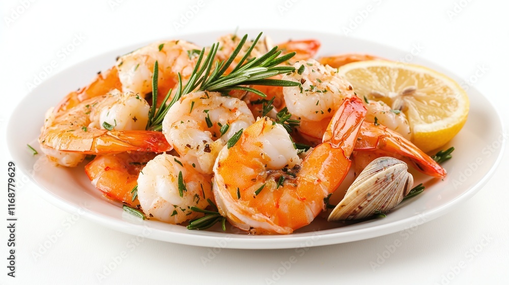 Delicious cooked shrimp with lemon and rosemary on a white plate. Delicious cooked shrimp with lemon and rosemary on a white plate.