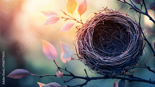 Serene autumnal scene featuring an empty bird's nest nestled amongst vibrant leaves on a branch, bathed in warm sunset light.  Perfect for concepts of new beginnings, tranquility, and nature's cycle. photo