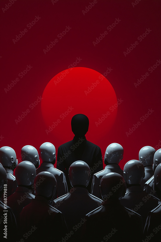 Obraz premium Black figure in contrast with white mannequins, silhouetted against a red background.