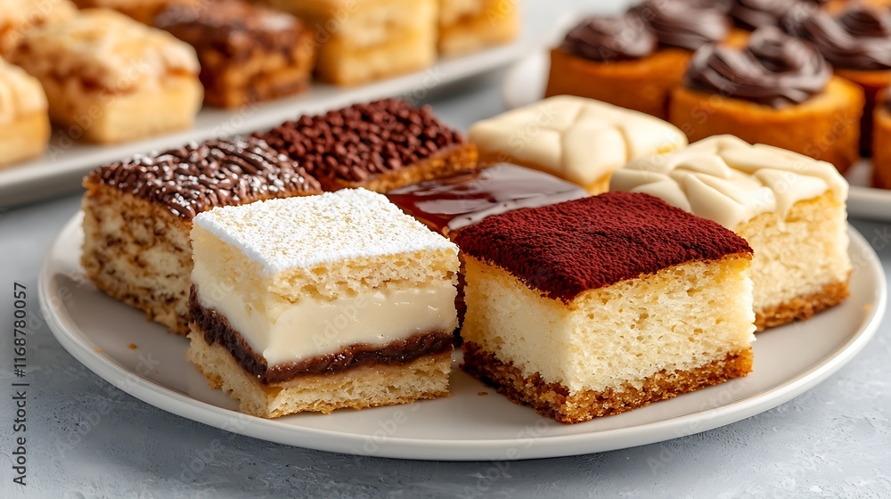 Assorted mini cakes with various toppings on a plate. Assorted mini cakes with various toppings on a plate.