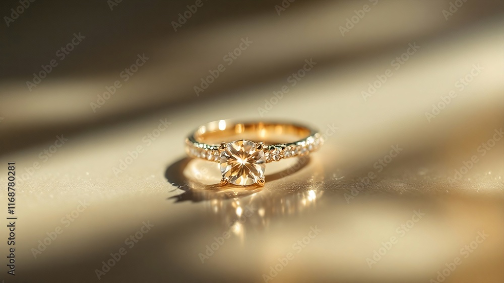 Golden diamond engagement ring with delicate design on a softly lit reflective surface, macro photography. PC, Laptop Wallpaper Golden diamond engagement ring with delicate design on a softly lit reflective surface, macro photography. PC, Laptop Wallpaper