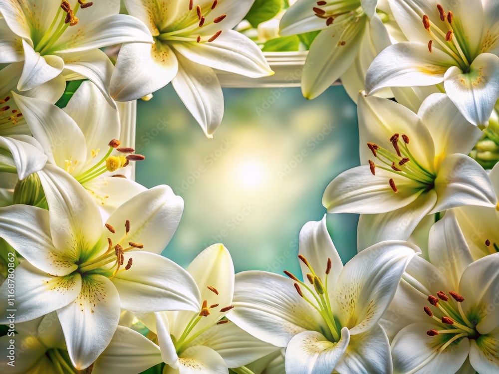 Obraz premium Macro Photography: Delicate Lily Frame, Close-up Floral Border, White Lilies, Nature Background