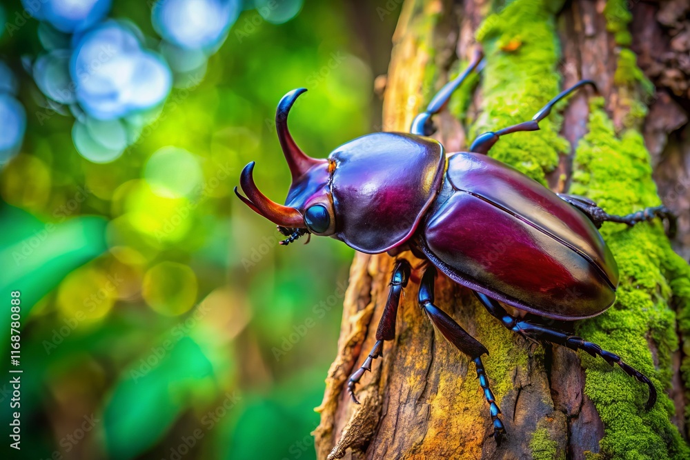 Macro Photography: Close-up of Rhinoceros Beetle on Tree Bark in Lush Garden