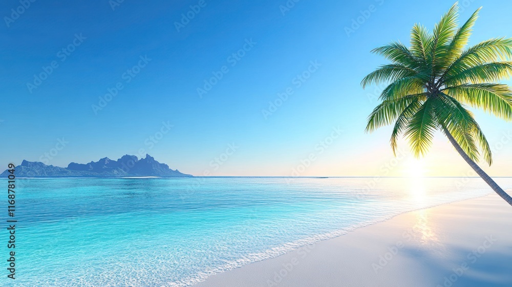 Fototapeta premium Serene beach scene with palm tree and distant mountains at sunrise.