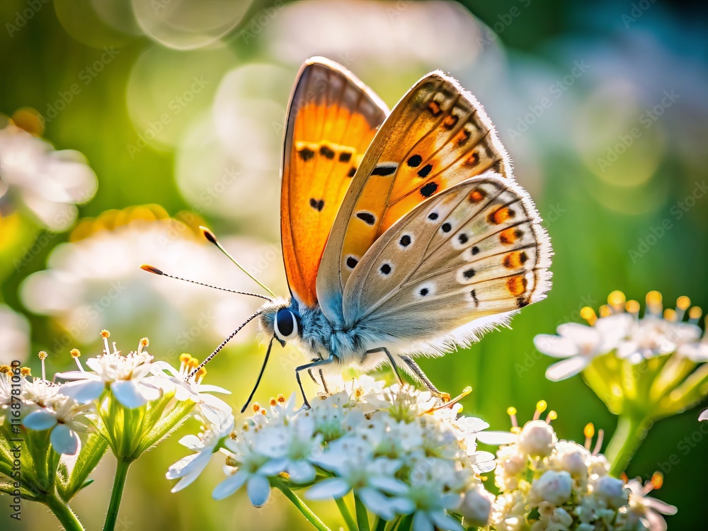 Fototapeta premium Macro Photography: Small Copper Butterfly on White Summer Flower