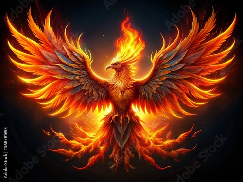 Majestic Fire Phoenix Rising on Black Background - Mythical Bird Stock Photo photo