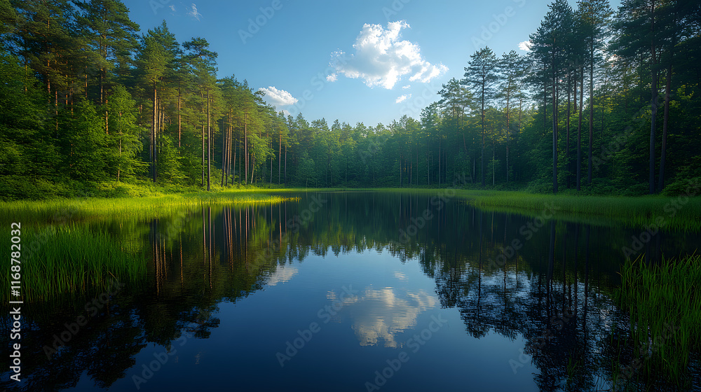 Photography of a tranquil forest lake surrounded by tall pines, the surface of the water reflecting the trees and sky like a perfect mirror. Photography of a tranquil forest lake surrounded by tall pines, the surface of the water reflecting the trees and sky like a perfect mirror.