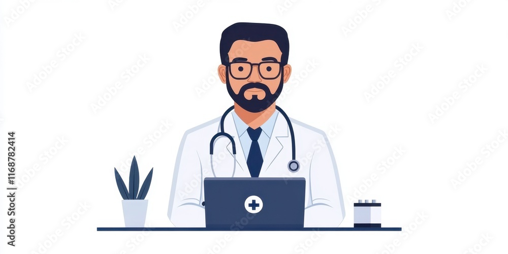 Fototapeta premium Professional healthcare provider at work with laptop in modern office setting