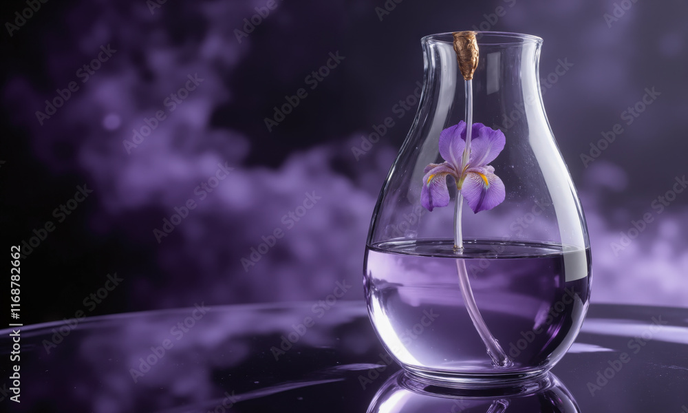 Irises (Iris) elongated oval vase with crystal-clear water refracting soft rainbow hues, holding a dramatic arrangement of deep purple Irises (Iris) elongated oval vase with crystal-clear water refracting soft rainbow hues, holding a dramatic arrangement of deep purple