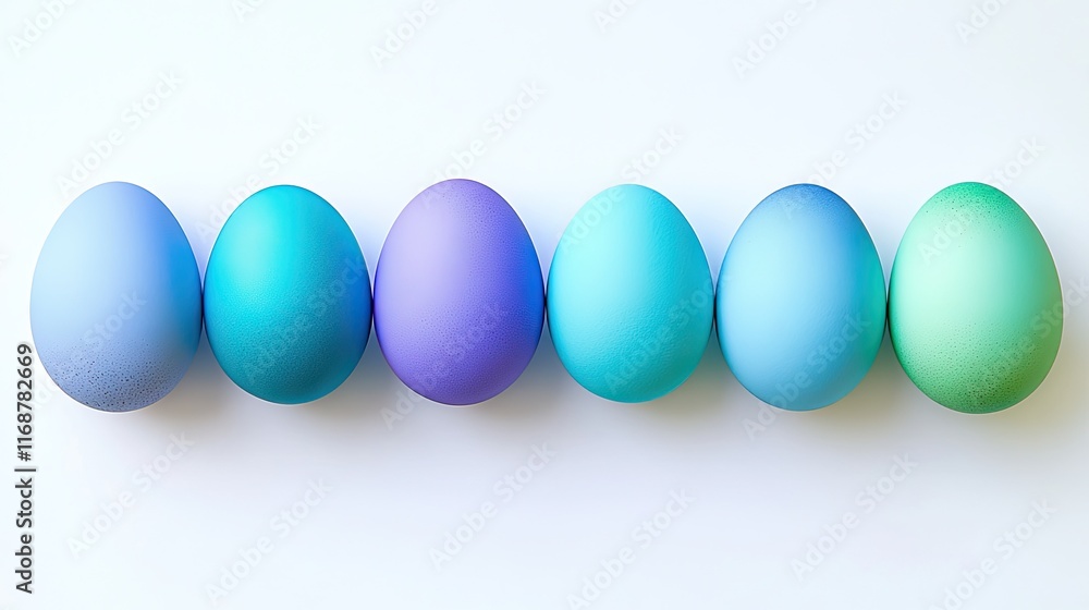 A row of six pastel-colored eggs in varying shades of blue and green on a white background. A row of six pastel-colored eggs in varying shades of blue and green on a white background.