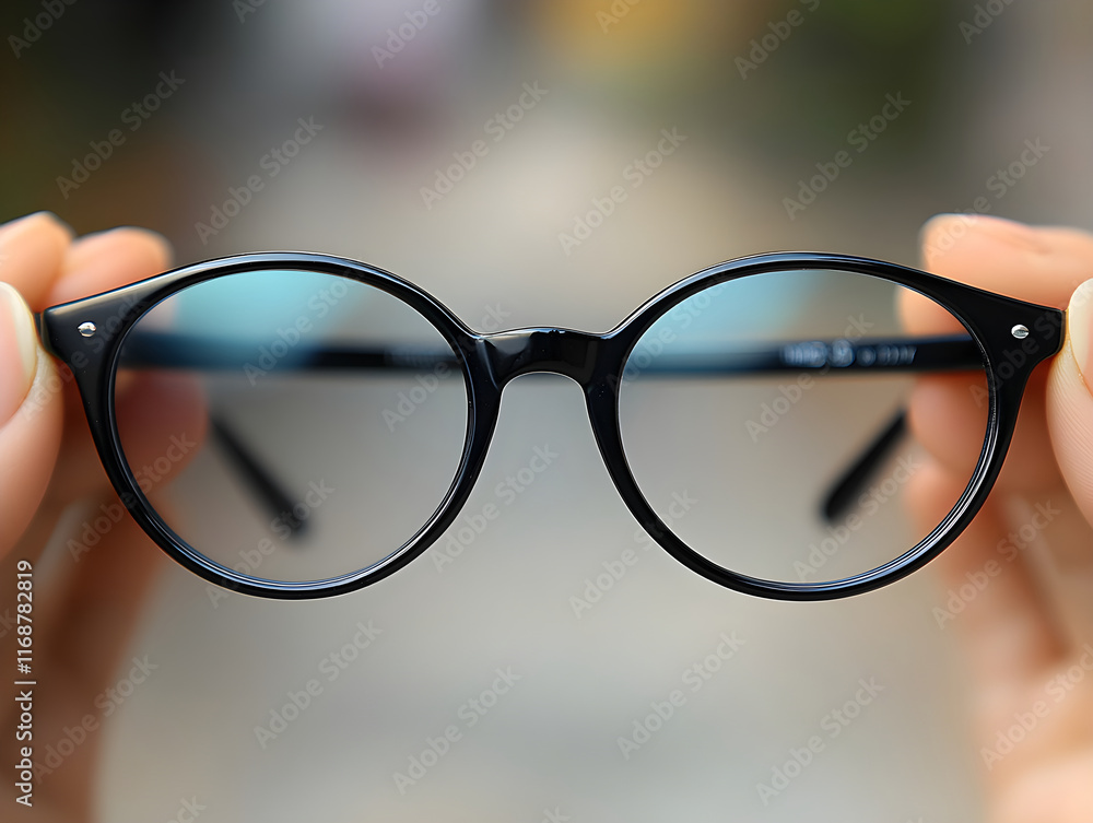 Person holding pair of glasses eyewear in shop. Diverse display of prescription eyeglasses on glass shelf in optical store, symbolizing vision correction and modern style Vision correction concept. Person holding pair of glasses eyewear in shop. Diverse display of prescription eyeglasses on glass shelf in optical store, symbolizing vision correction and modern style Vision correction concept.