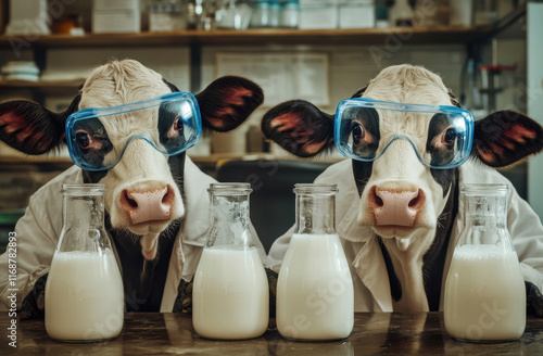 Two cows wearing lab coats and goggles are seen conducting experiments with glass bottles filled with milk in a research facility. The atmosphere is playful and scientific.