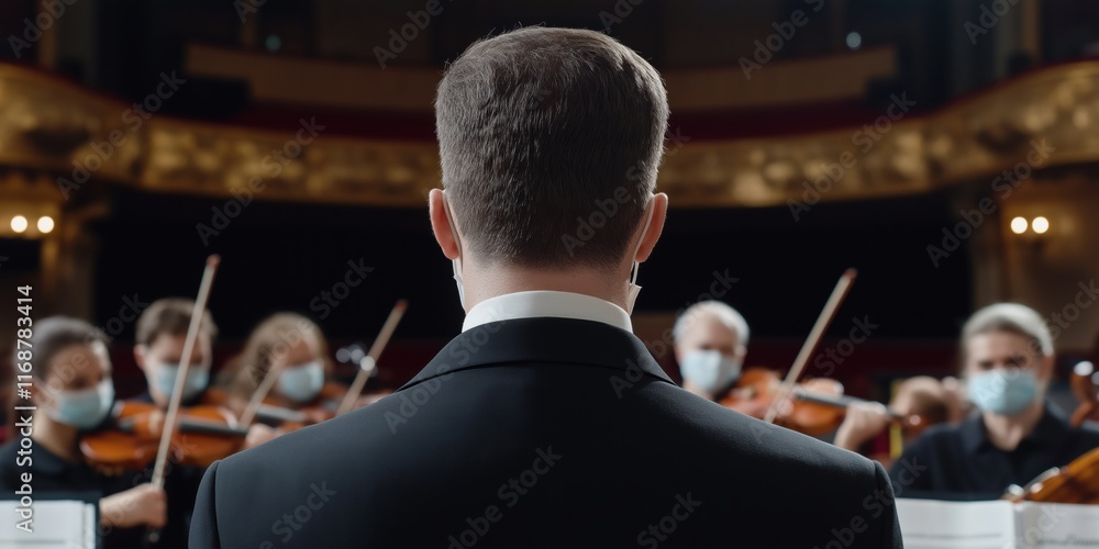 Fototapeta premium A man in a suit stands in front of a group of musicians. The man is wearing a mask and he is a conductor. The musicians are all wearing masks as well. The scene is set in a concert hall