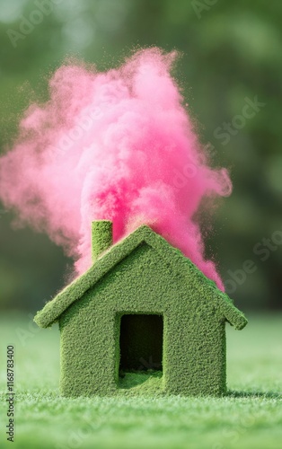 Vibrant Holi Festivity Green Grass House with Colorful Powder in Meadow, Suitable for Diwali or Easter Celebrations photo