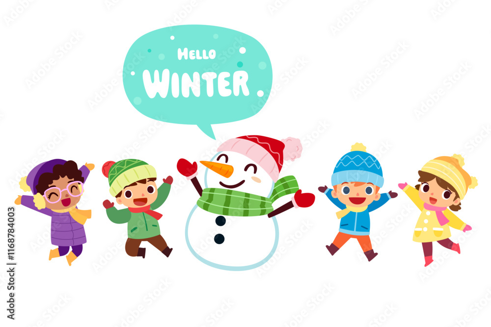 kids in winter clothes playing with snowman kids in winter clothes playing with snowman