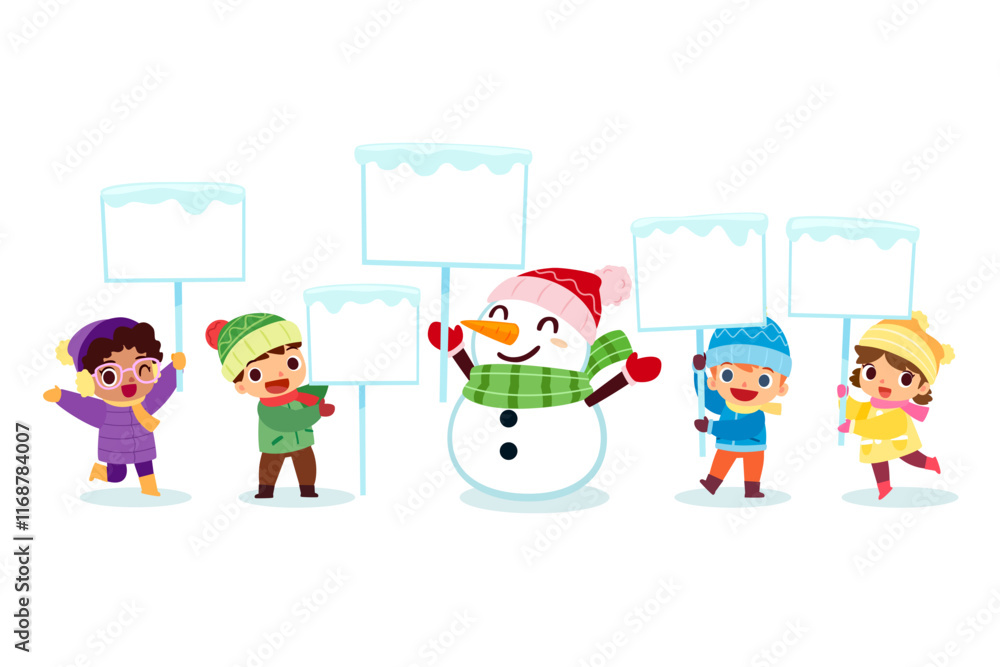winter children and snowman hold blank sign winter children and snowman hold blank sign
