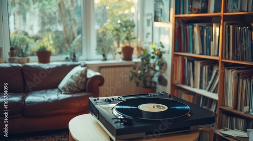 Cozy Living Room with Vinyl Turntable and Records photo