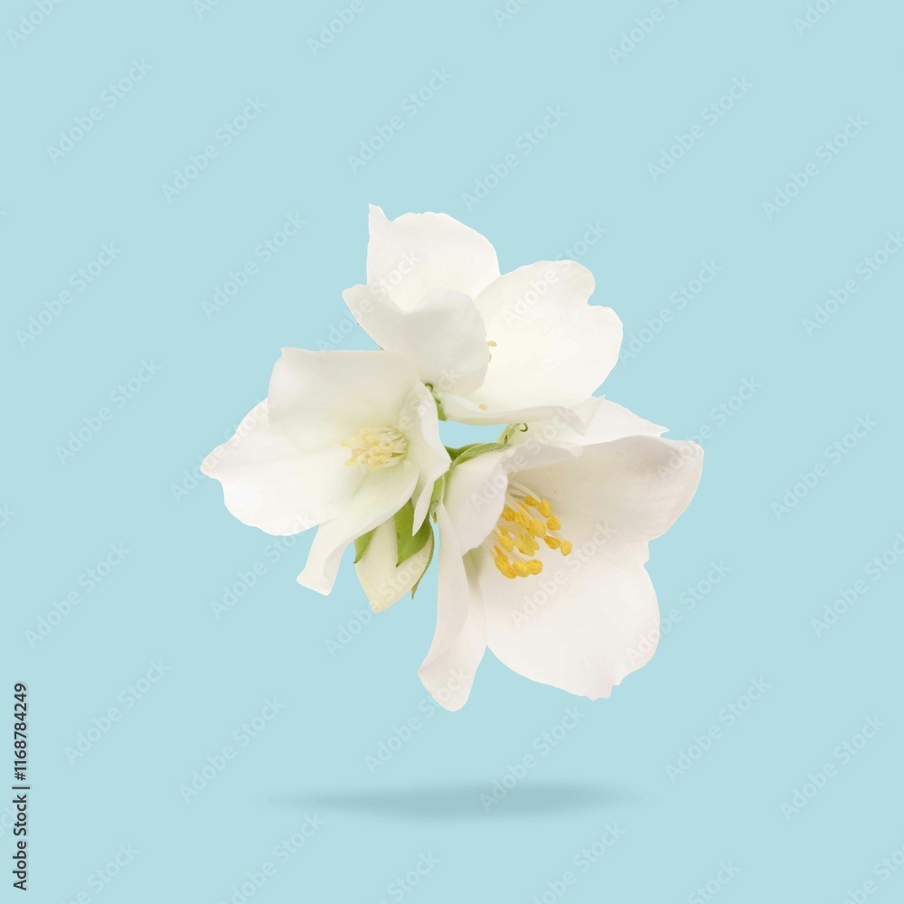 Fototapeta premium Jasmine flowers in air on light blue background. Blooming plant