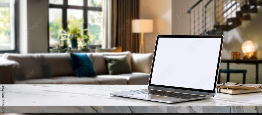 Fototapeta premium リビングルームの大理石のテーブルの上に置かれたノートパソコンのモックアップ(Laptop mockup placed on a marble table in the living room)