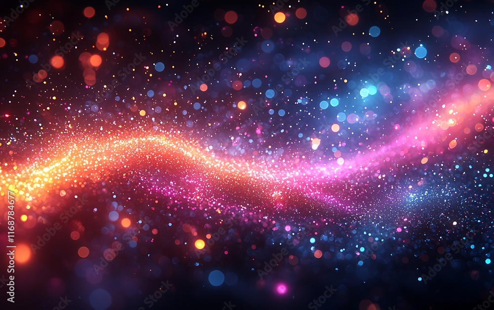Abstract colorful glowing particles wave, vibrant energy flow, dark background. Abstract colorful glowing particles wave, vibrant energy flow, dark background.