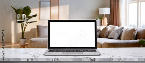 Wallpaper Mural リビングルームの大理石のテーブルの上に置かれたノートパソコンのモックアップ（Laptop mockup placed on a marble table in the living room）
 Torontodigital.ca