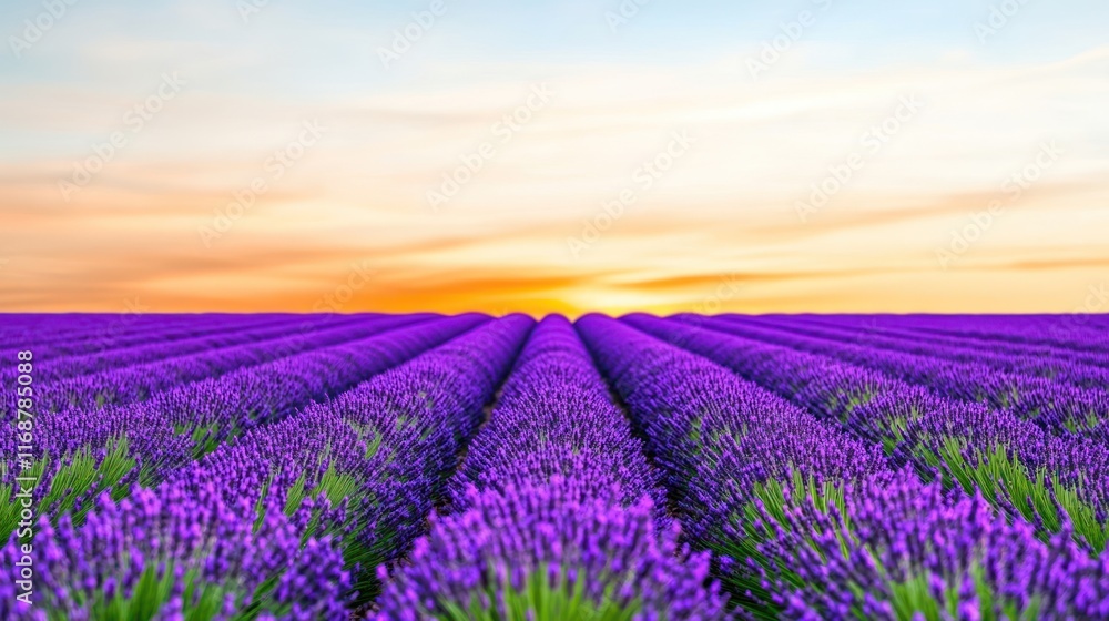 Fototapeta premium Vibrant lavender fields under a colorful sunset sky.