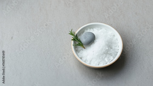 Serene Spa Setting  A Small Bowl of White Bath Salts, Gray Stone, and Sprig of Rosemary