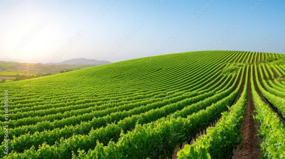 Lush green vineyard landscape under a clear blue sky. Lush green vineyard landscape under a clear blue sky.