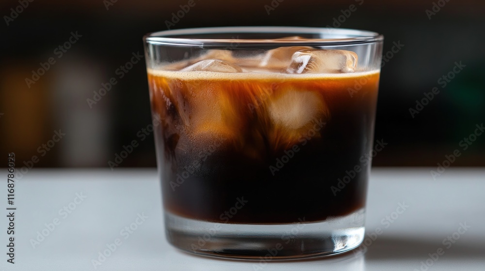 A glass of iced coffee with swirling dark liquid and ice cubes. A glass of iced coffee with swirling dark liquid and ice cubes.