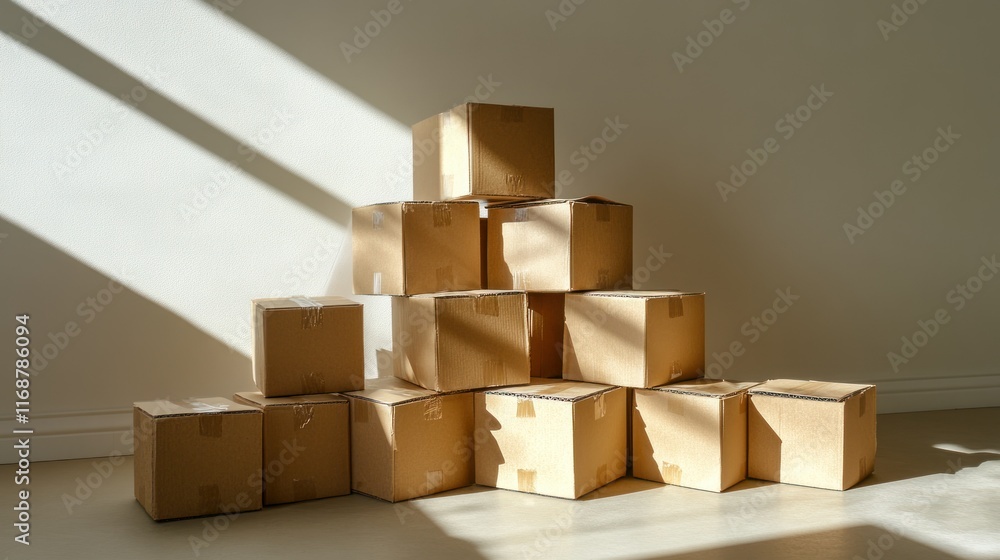Fototapeta premium A well-organized pyramid of sealed cardboard boxes with realistic creases and shadows, photographed under natural light.