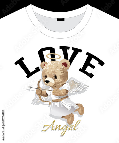 Love slogan with cute bear doll love angel with gold arrow vector illustration.