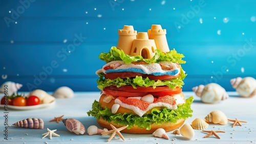 Delicious burger with vibrant toppings and a fun castle design, perfect for summer meals. photo