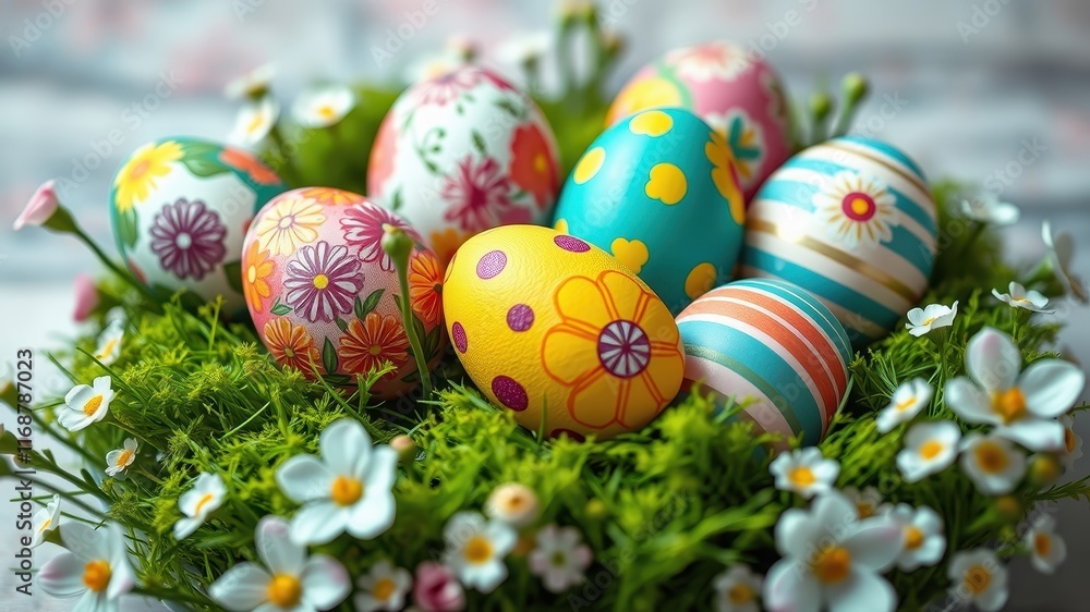 Fototapeta premium Colorful Easter eggs nestled in vibrant green grass and surrounded by delicate white flowers