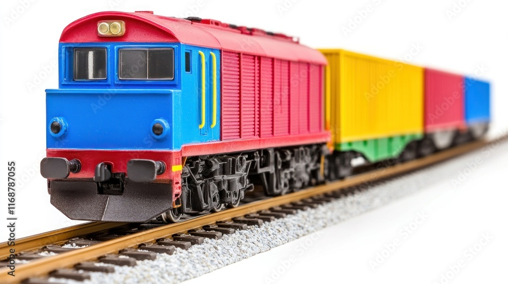 Fototapeta premium A vibrant toy train speeds along its tracks, a captivating display of childhood joy and imagination. Its colorful carriages promise adventures.