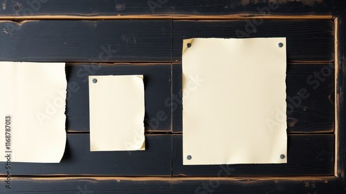 Three Blank Papers Tacked to Dark Wooden Surface
