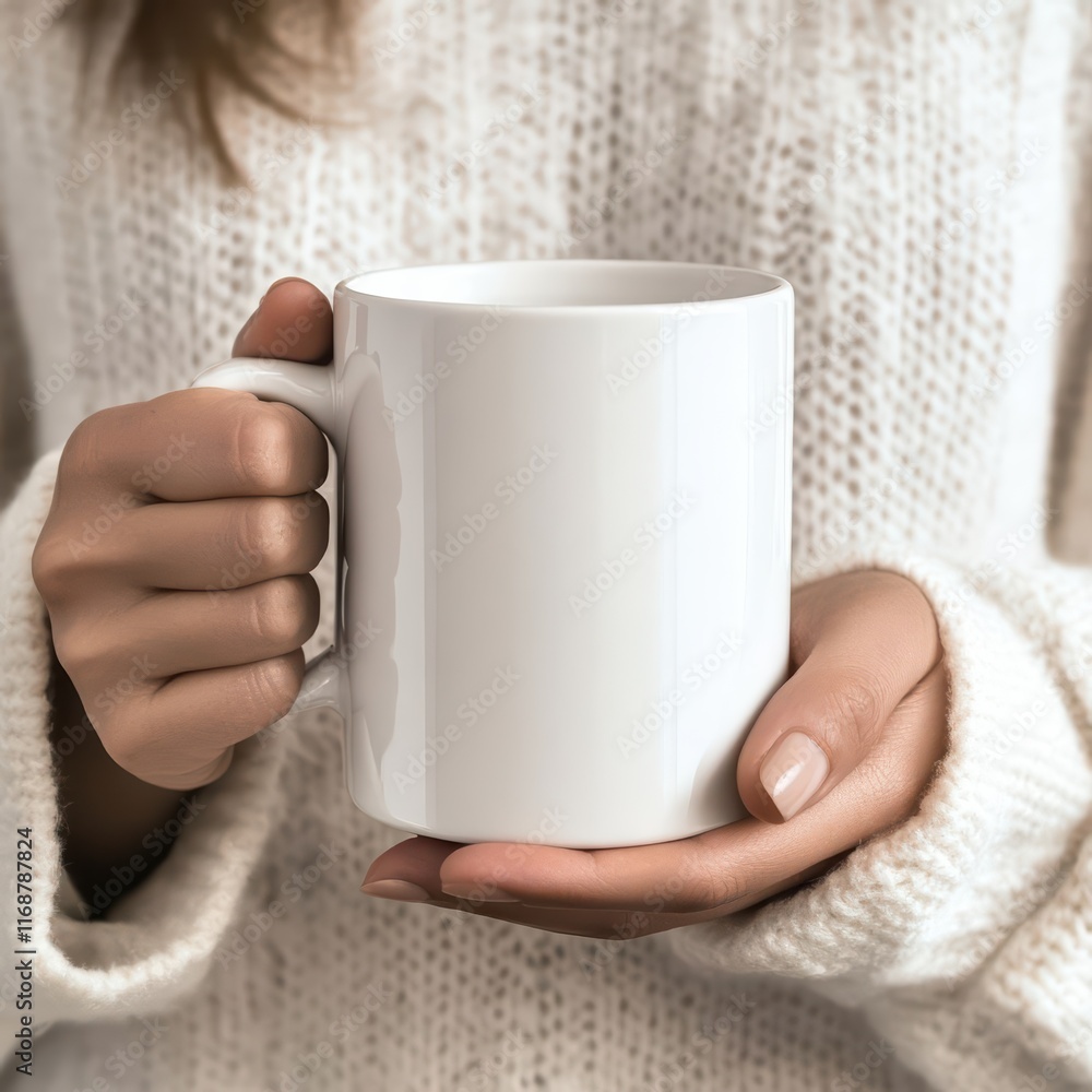 Women is holding white mug in hands. Blank 11 oz ceramic cup. Mockup of cup with blank copy space for your advertising text message or promotional content. Women is holding white mug in hands. Blank 11 oz ceramic cup. Mockup of cup with blank copy space for your advertising text message or promotional content.
